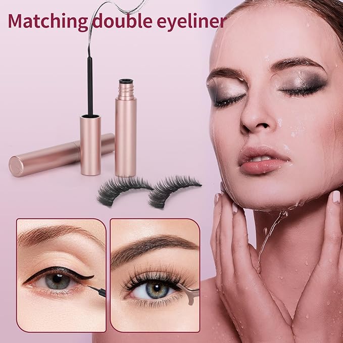 Magnetic eyelashes with eyeliner (5 pairs), is simple and convenient to wear, can be reused, glue-free, and can be used longer with 2 eyeliners (natural styles)