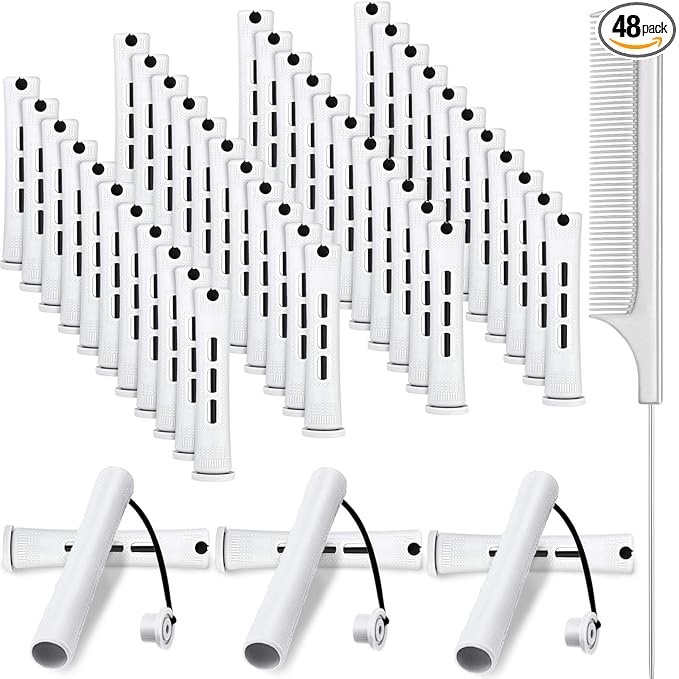 48 Pieces Hair Perm Rods Short Cold Wave Rods Plastic Perming Irons Hair Curling Rollers Curlers with Steel Pintail Comb Rat Tail Comb for Hairdressing Styling Supplies(0.63 Inch,White)