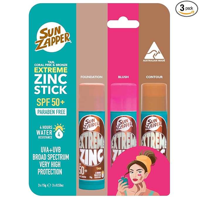 Sun Zapper Extreme Zinc Sunscreen Stick Beauty 3-Pack SPF 50+ Tan Bronze Coral Pink – Tinted Mineral Makeup Sunscreen Sticks for Face, Water Resistant, 15g (0.53 oz) Each, Made in Australia
