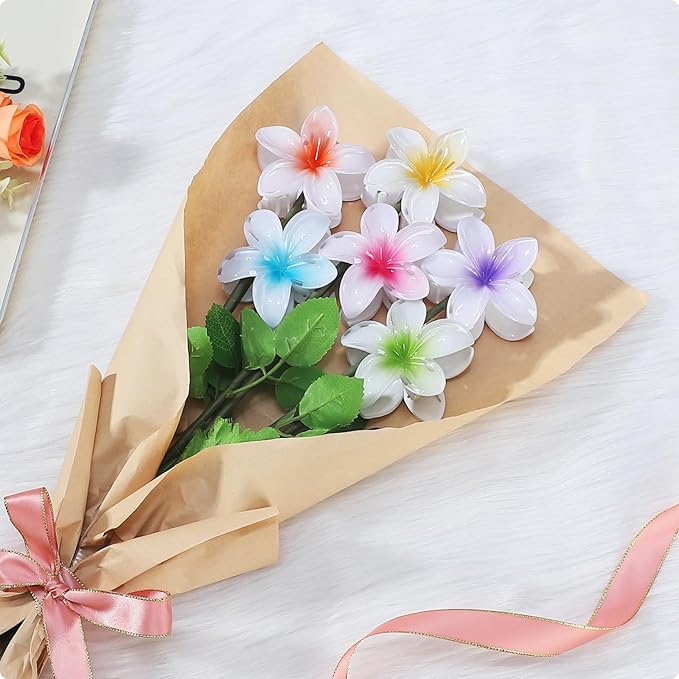 CHANDAT Flower Hair Clips 6 PCS Hawaiian Claw Clips for Vacation Hibiscus Hair Claw Clips Cute Large Hair Clips for Thick and Thin Hair Plumeria Hair Accessories for Women Girls -White Colorful
