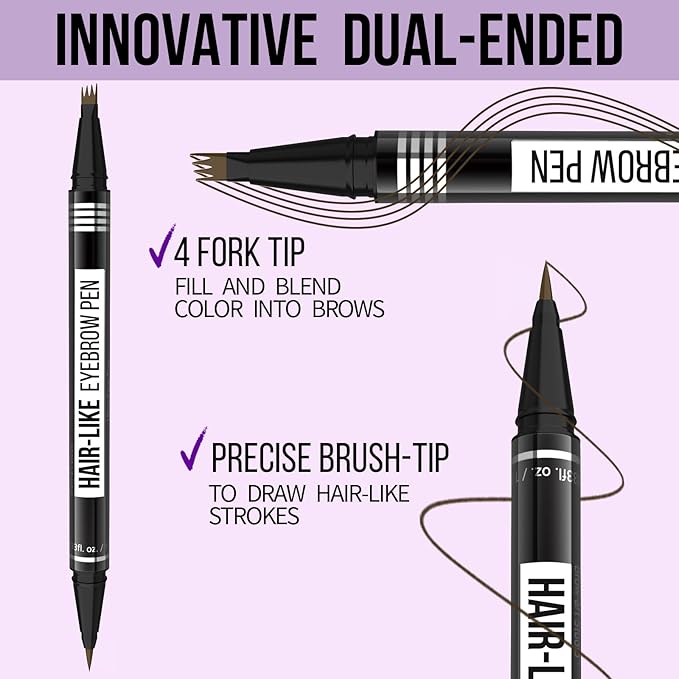 Microblading Eyebrow Pen - Eyebrow Pencil Magical 2-in-1 Dual-Ended Waterproof Eye Brow Pencils for Women with 4-Fork-Tip & Precise Brush-Tip for Natural Hair Like Strokes, Last All-Day, Dark Brown