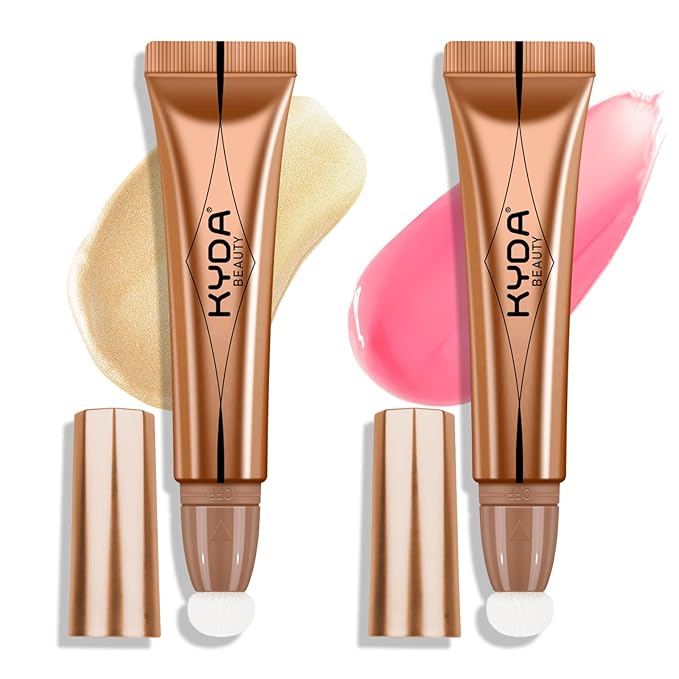 KYDA 2 Colors Liquid Blush Highlighter Wand Set, Matte Blusher+Shimmer Highlighter Duo, Buildable Smooth Coverage for Natural Glow Finish, Lightweight Blendable Formula, Golden+Matte Pink