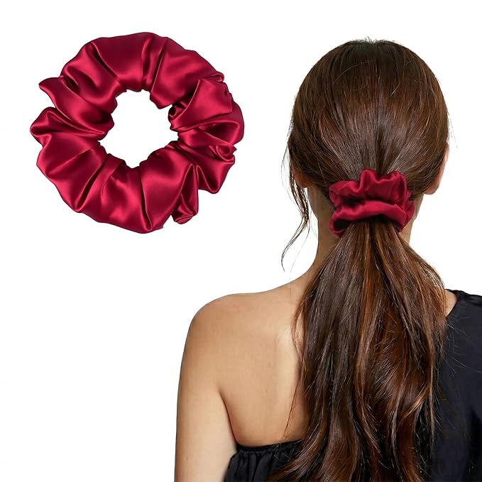 ZLYC 100% Mulberry Silk Scrunchie 19 Momme Gentle Creaseless Hair Tie for Women Dent-Free Ponytail Holder, 3.5cm Solid Burgundy