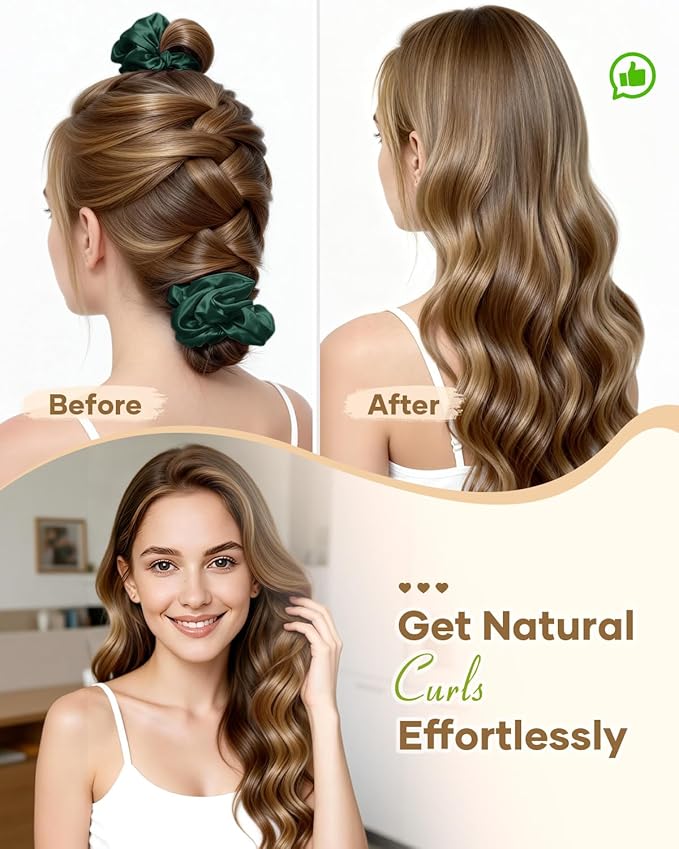 BONNET QUEEN Satin Heatless Hair Curler, Overnight Curls for Long Hair, Ultra Soft Daily Use of Hair Accessories & 2 Scrunchies, Damage-Free Styling, Soft Hair Curlers for Overnight, Dark Green