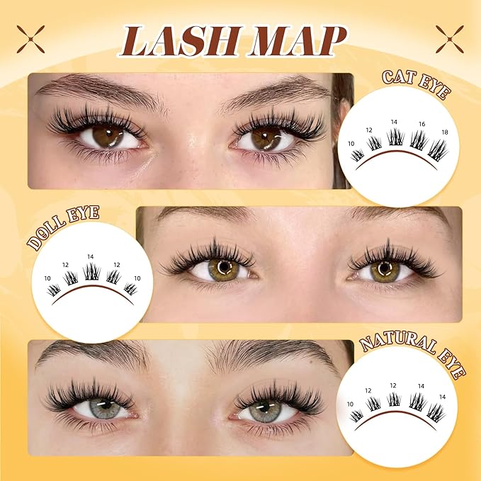 QUEWEL Lash Clusters Kit, 144PCS Natural Lash Custers with Lash Bond and Seal, C Curl Wispy Cluster Lashes Natural Look with Thin Band Easy to use for Beginners (DJ-FD-E）