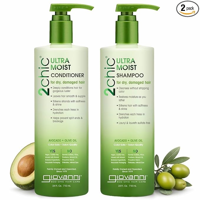 Giovanni 2Chic Ultra-Moist Avocado & Olive Oil Shampoo and Conditioner Set - Moisture & Natural Growth for Men & Women with Moisturizing Aloe Vera, Sulfate Free - 24 Fl Oz (Set of 2)
