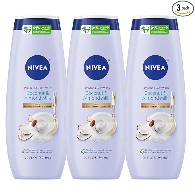 NIVEA Pampering Coconut and Almond Milk Body Wash with Nourishing Serum, Moisturizing Body Wash for Women, Enriched with Provitamin B5 and Vitamin E, 20 Fl Oz Bottle, Pack of 3