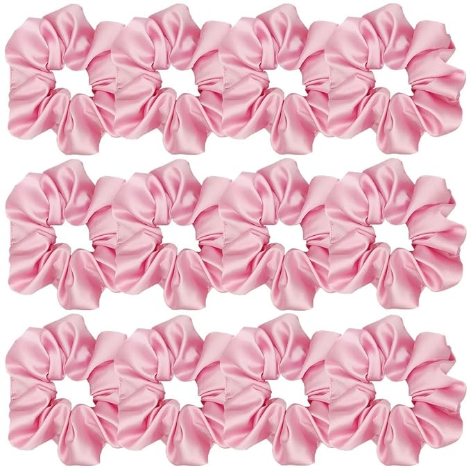 12 Pcs Satin Silk Scrunchies, Soft Hair Ties, Fashion Hair Bands, Bow Ropes, Elastic Ponytail Holders, Hair Accessories for Women and Girls (4.3 Inch, Pink)