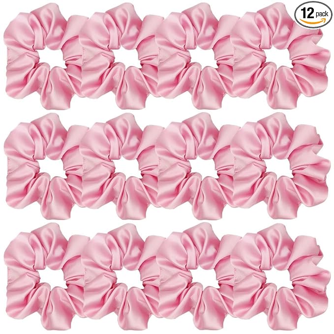 12 Pcs Satin Silk Scrunchies, Soft Hair Ties, Fashion Hair Bands, Bow Ropes, Elastic Ponytail Holders, Hair Accessories for Women and Girls (4.3 Inch, Pink)