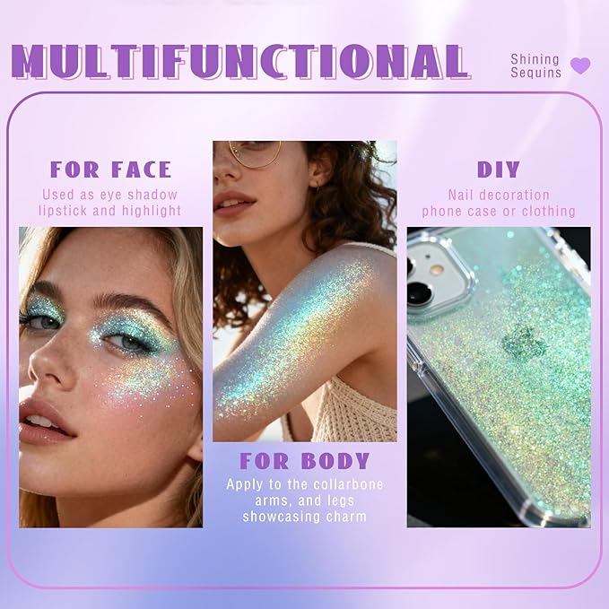 HOSAILY Roll-on Holographic Body Glitter Gel for Face Hair, Chamaleon Light Blue Color Changing Face Paint Glitter Mermaid Makeup, Chunky Sequins Festival Party Rave Accessories Shimmer Makeup