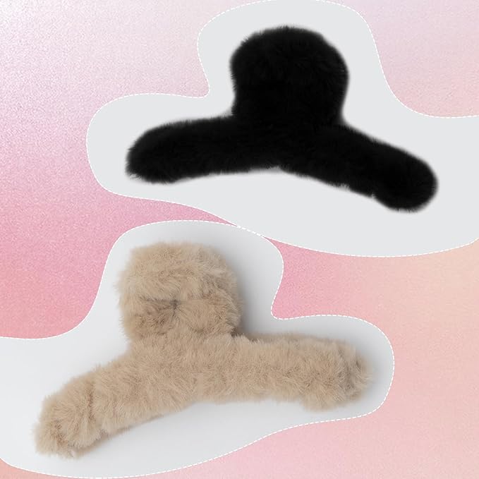 2Pcs Fuzzy Hair Clips Plush Hair Clamp for Thick Thin Hair, Large Nonslip Faux Fur Hair Claw Clips Cute Hair Clips for Women（Black, Light Brown）