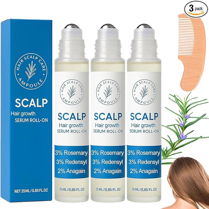 Hair Growth Roll On, Rosemary Hair Growth Serum, Advanced Hair Growth Roll-On Serum, Thicker & Stronger Hair, Nourishes Scalp & Roots for All Hair, Women and Men (3pcs)