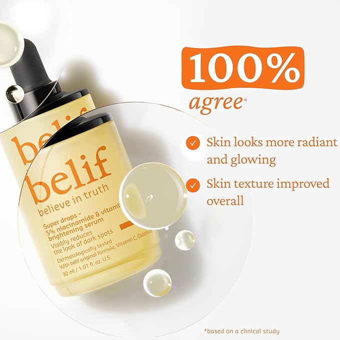 belif Niacinamide 5% & Vitamin C Super Drops Serum – Radiance-Boosting Serum for Uneven Skin Tone with AHA & Glutathione, Redness & Improve Post-Blemish Marks, Korean Skincare, 1.01 fl oz