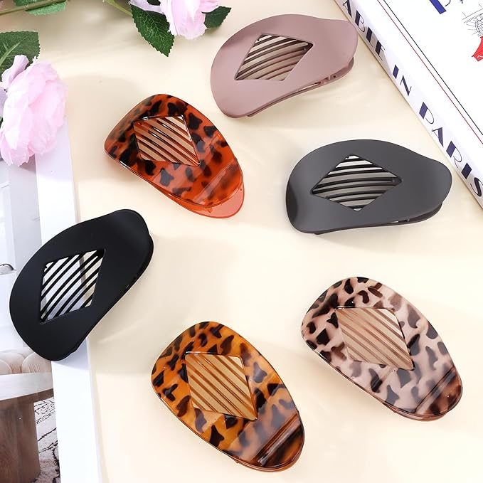 Atoden Flat Hair Clips Duckbill Large Claw Clips for Thick Medium Thin Hair 6Pcs French Barrettes Accessories for Women Girls Oval Round Leopard Tortoise Shell Neutral Color