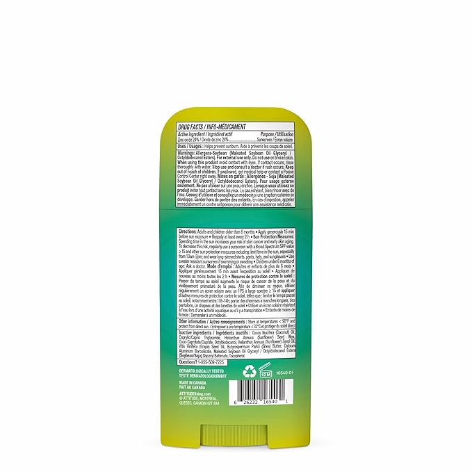ATTITUDE Mineral Sunscreen Stick SPF 50, Broad Spectrum Zinc Oxide, EWG Verified, Non-Nano, Mess-Free Stick for Face & Body, Lightweight Non-Greasy, Vegan, Unscented, 2 Oz