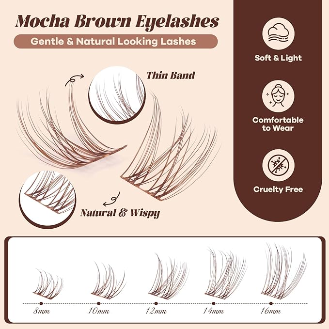 B&Q Brown Velure Lash Clusters Kit Natural Lashes Clusters, Wispy Light Brown Eyelash Cluster Kit C-8-16mm DIY Lash Eyelashes for Fair/Dark Hair, Lightweight & Invisible Band(Mochalash Velure 05 Set)