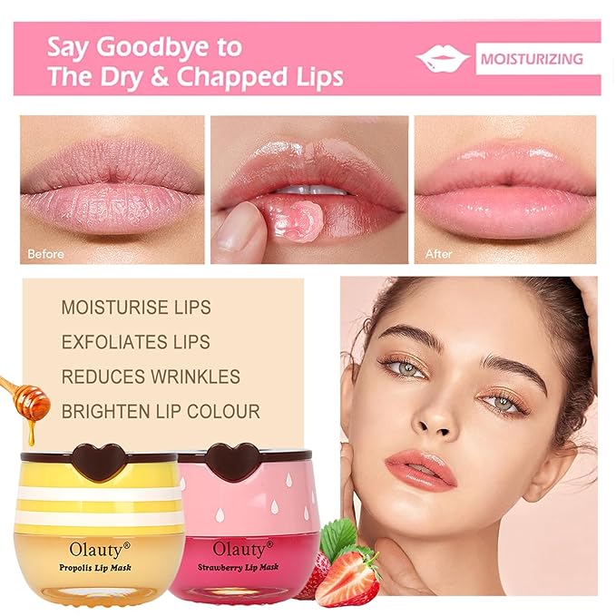 3 PCS Bee Lip Mask Lip Balm Honey Pot, Strawberry & Honey Lip Sleeping Mask Hydrating Prevention Dry and Cracked Lip Scrubs Exfoliator,Lip Mask Overnight Reduces Lip Lines