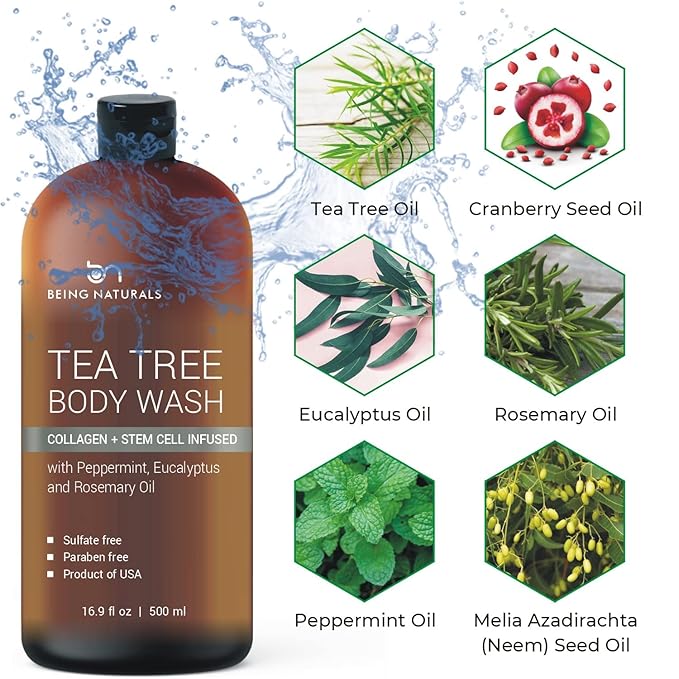 Tea Tree Body wash with Collagen and Stem Cells - Fights Odor, Acne & Skin Issues, sulfate free 16.9 oz