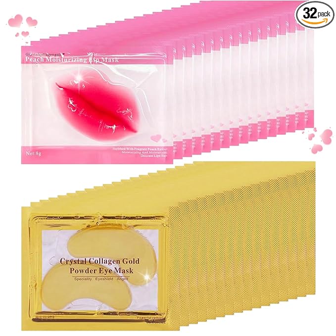 32 Pairs Eye Masks & Lip Masks, Collagen Crystal Lip Mask and Eye Mask, Crystal Collagen Eye Patches for Puffy Eyes, Effectively Eliminates Dark Circles and Eye Bags, Reduces Lip Wrinkles