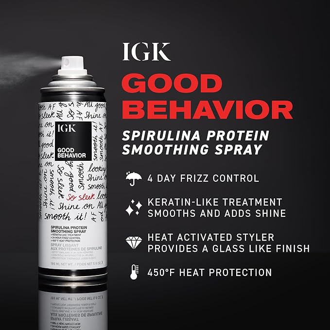 IGK GOOD BEHAVIOR Spirulina Protein Smoothing Spray Travel | 4 Day Keratin Like Treatment + Frizz Control + Heat Protectant | Vegan + Cruelty Free | 2.4 Oz