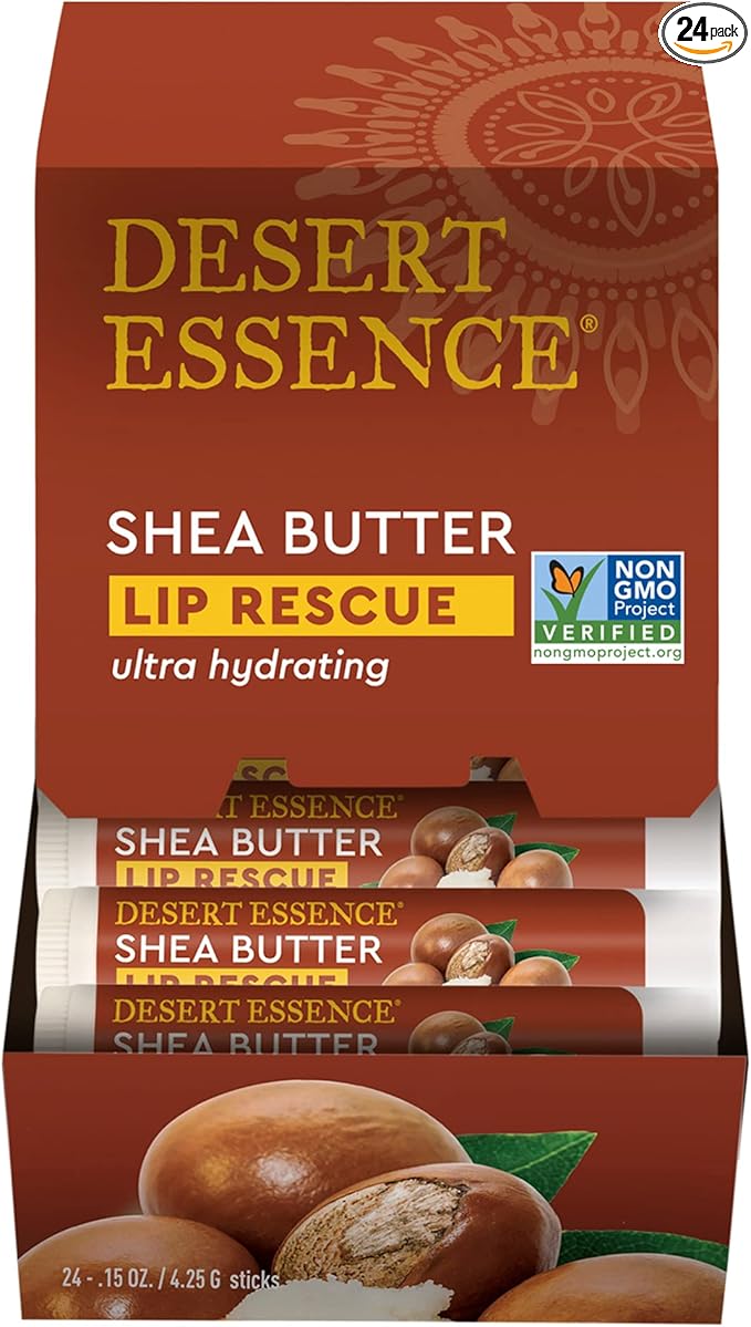 Desert Essence Lip Rescue Ultra Hydrating w/ Shea Butter - 0.15 Oz - Pack of 24, Soft Moisturizer Balm Stick, Ginkgo Biloba Extract- Soothes Dry Or Cracked Lips - Vitamin E - Beeswax - Peppermint Oil