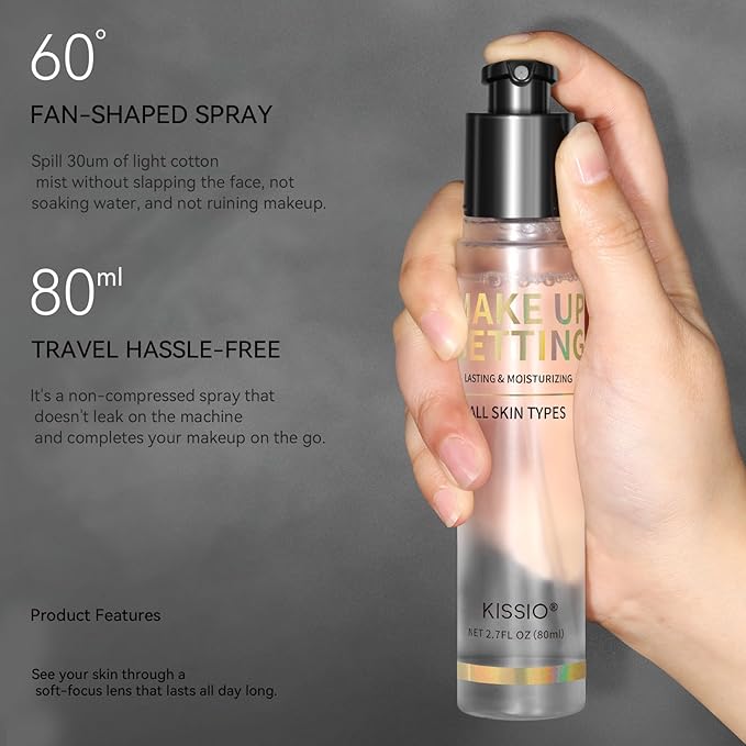KISSIO Makeup Setting Spray,Long Lasting Setting Mist for 16HR Makeup Wear,Lightweight,Hydrating and Soothing,Fine Mist,Natural Finish for All Skin Type,2.7 FL OZ