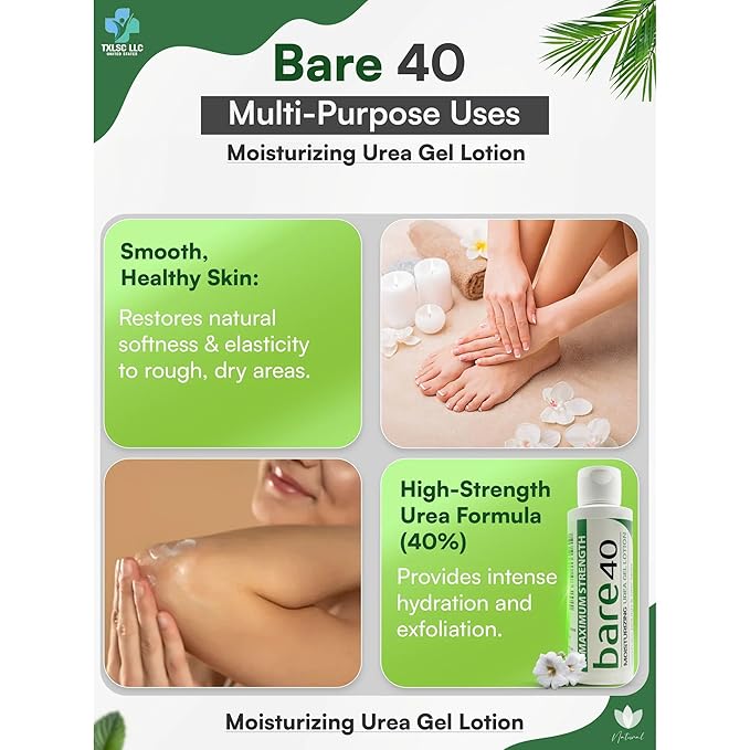 Professional Bare 40 Pro lotion with 40% Urea Cream for Dry, rough skin, Hydrating & Exfoliating Formula for Dry – Enriched with Tea Tree Oil, Aloe Vera & Jojoba Beads