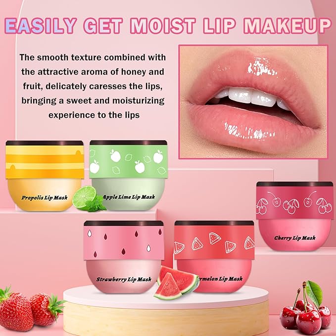 5PCS Bee Lip Balm Honey Pot Honey Watermelon Cherry Apple Strawberry Lip Balm,Moisturizing Sleeping Lip Mask Reduces Lip Lines Prevention Dry and Cracked