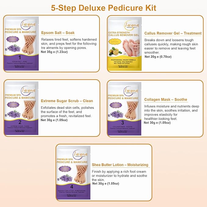 Deluxe Pedicure Kit 5 Step Spa Set – Epsom Salt Soak, Callus Remover Gel, Sugar Scrub, Collagen Mask & Shea Butter Lotion – Professional At Home Foot Care (Lavender, 40 Sets)