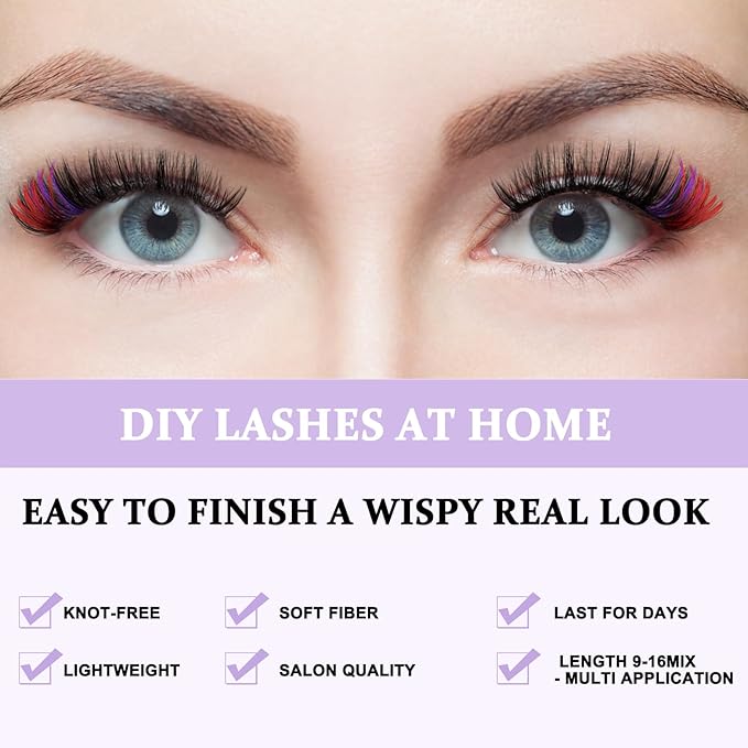 B&Q 280PCS Colored & Rainbow False Eyelashes Kit, 6 Vibrant Colors DIY Volume Lashes, Includes Lash Glue & Remover, Professional Cluster Lashes for Party, Stage, Cosplay, Festival Makeup