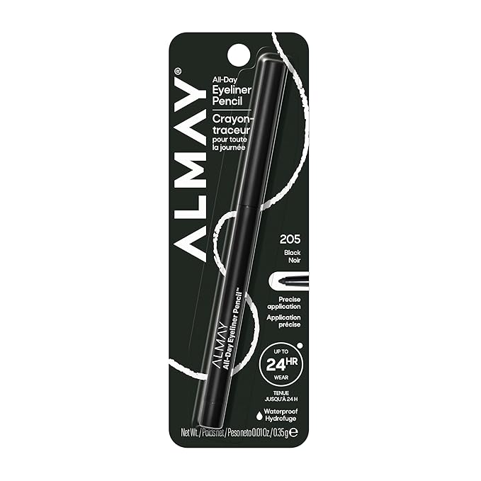 Almay All-Day Eyeliner Pencil, Hypoallergenic, Cruelty-Free, Oil-Free, Fragrance-Free, Ophthalmologist Tested, Long Wearing and Water Resistant (Packaging May Vary), 205 Black, 0.01 oz