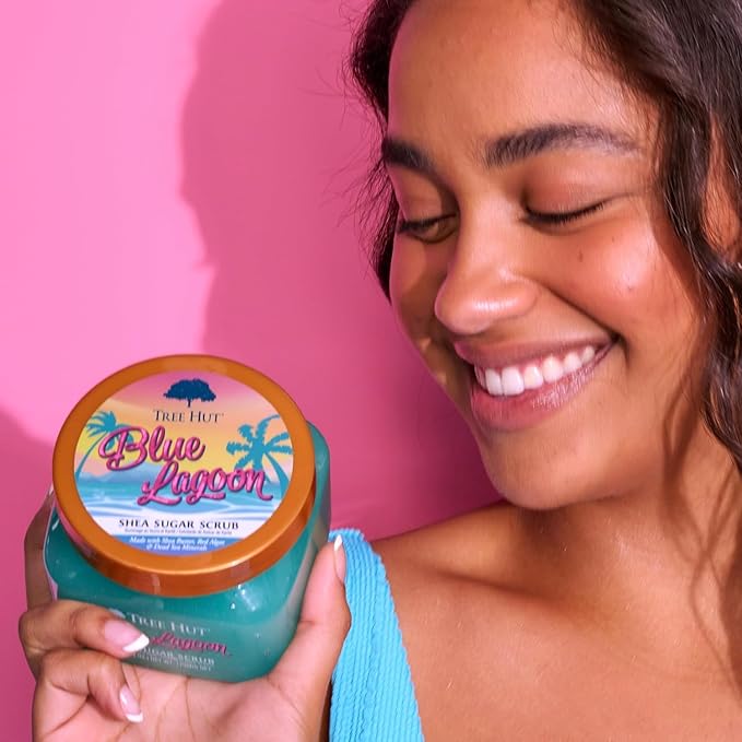 Tree Hut Blue Lagoon Shea Sugar Scrub, Exfoliating, Hydrating & Moisturizing Body Scrub with Shea Butter & Nourishing Essential Oils, Smooth & Soften Skin, 18 oz
