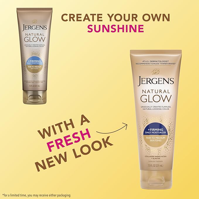 Jergens Natural Glow +Firming Self Tanner Body Lotion, Fair to Medium Skin Tone, Sunless Tanning Moisturizer with Collagen and Elastin. Helps to Visibly Reduce Cellulite, 7.5 Fl Oz (Pack of 4)