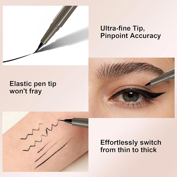 Ultra Fine Liquid Eyeliner Pen, Slim Precision Tip for Winged & Inner Corner Lines, Waterproof Smudge-Proof Quick-Drying, Long-Lasting All-Day Smooth Lightweight Black Eyeliner