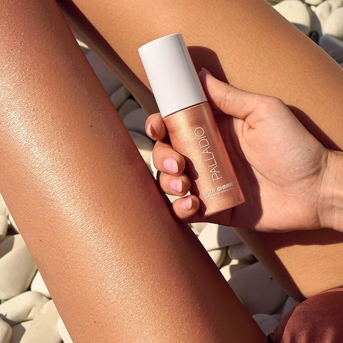Palladio Body Shimmer Gel, Lightweight Water-Based Body Glow with Aloe, Hyaluronic Acid, Vitamin E & Panthenol, Buildable Radiant Shimmer, Vegan, Gluten-Free, Cruelty-Free (Golden Beach)