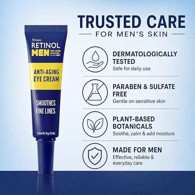 LIVAURA Retinol Men’s Eye Cream – Under Eye Treatment for Dark Circles, Puffiness & Bags, Dark Circle, Anti Aging Formula for Wrinkles, Hydrating Brightening Moisturizer for Eyes Area Care Treatment