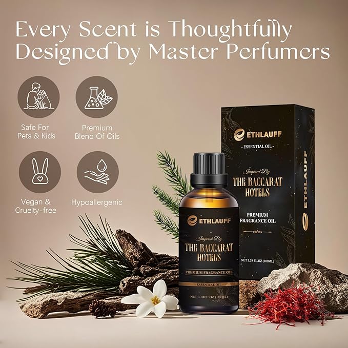 Hotel Diffuser Oil Inspired by The Baccarat Hotel Scent, Luxury Essential Oil for Waterless Diffuser, Crafting Soap & Candle Making Scents 100 ml 3.38 Fl Oz