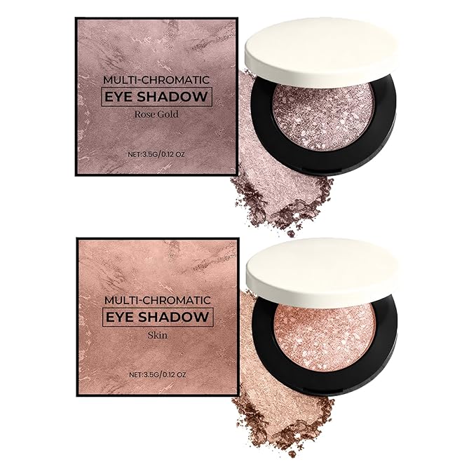 2PCS Multicolor Metallic Eyeshadow – Buildable, Shimmering Metallic Powder, Highly Pigmented & Long-Lasting for Women, Smooth Multi Chromatic Make Beauty Eyeshadow (Natural+Rose Gold)