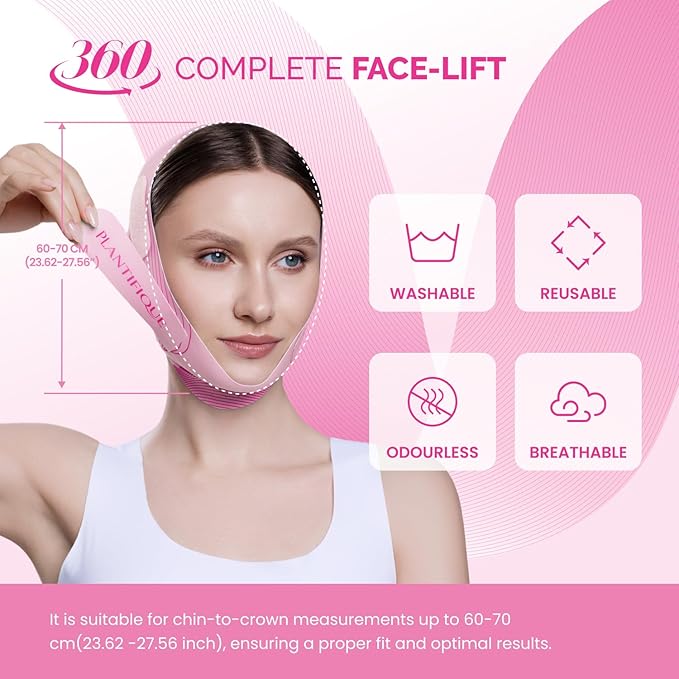 PLANTIFIQUE Chin Strap for Face Contouring - Reusable V Line Ice Silk Fabric Mask - Double Chin Shaping, Adjustable, Breathable Fabric - Jawline Shaper for Women & Men (Pink)