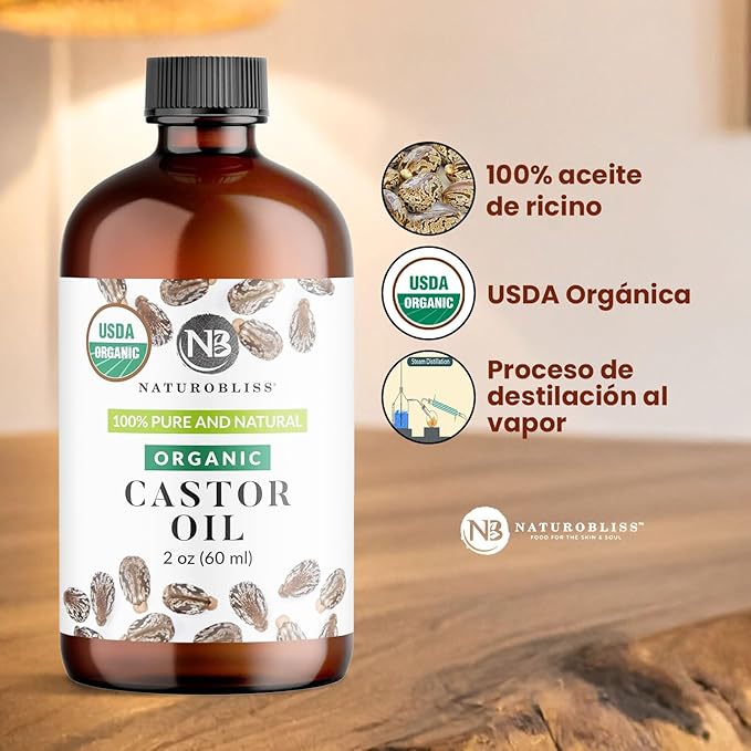 NaturoBliss 100% Pure Organic Castor Oil, Expeller-Pressed, Hexane-Free, Premium Carrier & Beauty Oil for Hair Growth, Eyelashes & Eyebrows, Skin Moisture, with Beauty Starter Kit – 2 oz