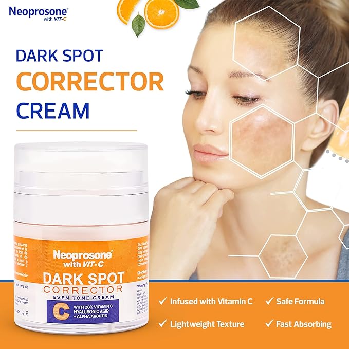 NEOPROSONE 20% Vitamin C Dark Spot Corrector Cream - 1 Fl oz / 30ml - Skin Brightening Gel Cream - with Hyaluronic Acid, Vitamin E