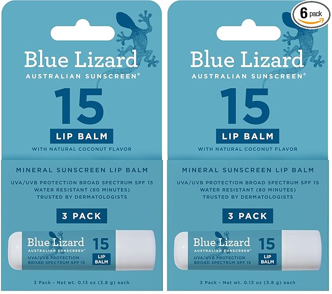 BLUE LIZARD Mineral SPF 15 Lip Balm,Broad Spectrum Sun Protection,Natural Coconut Flavor,8Natural Oils,Infused with Australian KakaduPlum,Rich in Vitamin C,Vegan, EachTube 0.13 oz. 3 Count (Pack of 2)