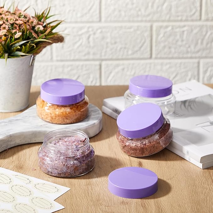 Tessco for you 24 Pack Plastic Jars with Lids Labels Multiuse Slime Containers Empty Body Scrub Jars Round Refillable Cosmetic Body Butter Container for Makeup (5 oz,Clear,Purple)