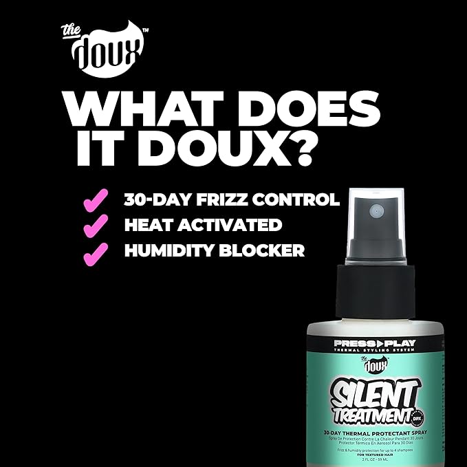 The Doux SILENT TREATMENT Anti-Frizz Heat Protectant Spray for Curly Hair – 30-Day Humidity Shield Hairspray with Keratin & Corn Starch – Travel Size Hair Styling Spray, 2 oz