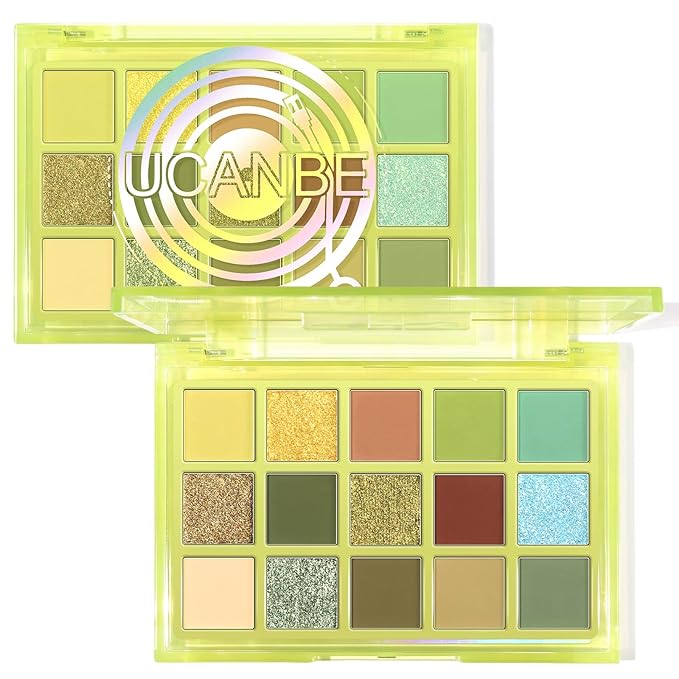 UCANBE 15 Color Eyeshadow Palette Matte Shimmer Metallic, Olive Green Earth Tone Highly Pigmented Long Lasting Blendable Eye Makeup Palette for Natural to Bold Looks