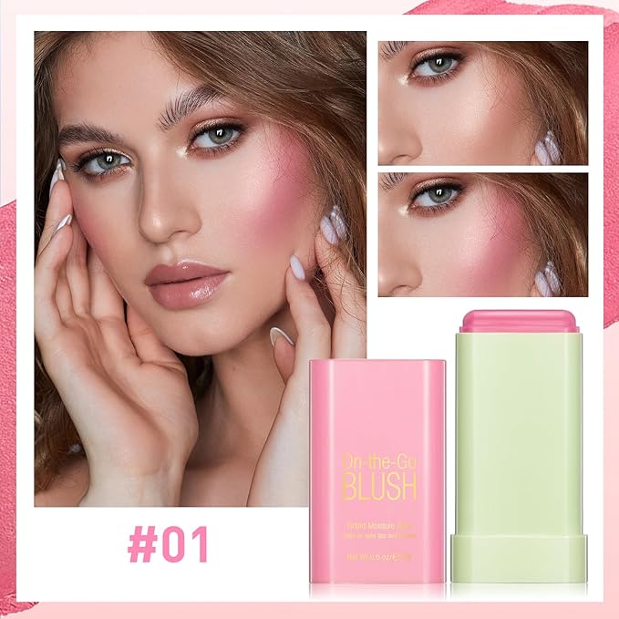 Blush Stick for Cheeks - Cream Makeup Blush Wand, Solid Moisturizer Stick for Cheeks Tint, Natural Blendable Waterproof Korean Matte Long-Lasting Smooth Blushes (#01 Shy Pink)