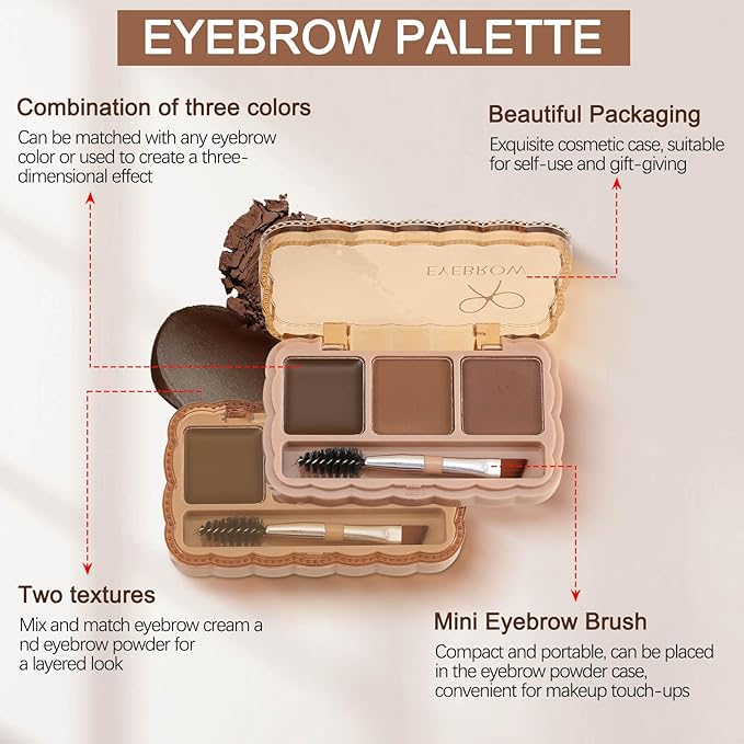 Boobeen Eyebrow Palette, 3 Colors Brow Powder Kit, Eye Brow Pomade with Double-ended Brush, Long-lasting Eye Makeup Kit, Sculpt & Define Eyebrows, for Beginners