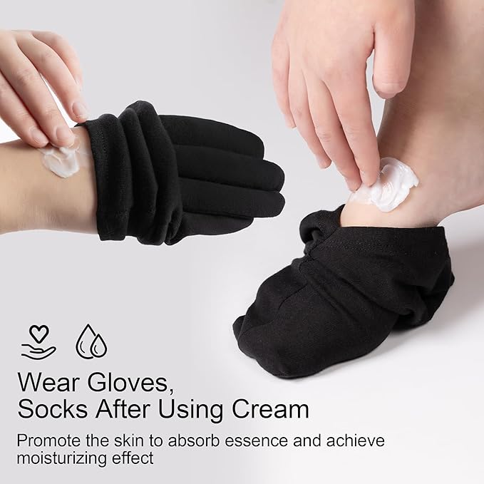 12 Pairs Cotton Moisturizing Gloves and Socks Set (1 Washing Bag, Snug Fit), Dry Hands Feet Overnight Lotion SPA Treatment, Eczema Skin Friendly, Breathable and Soft Glove Liners, Black