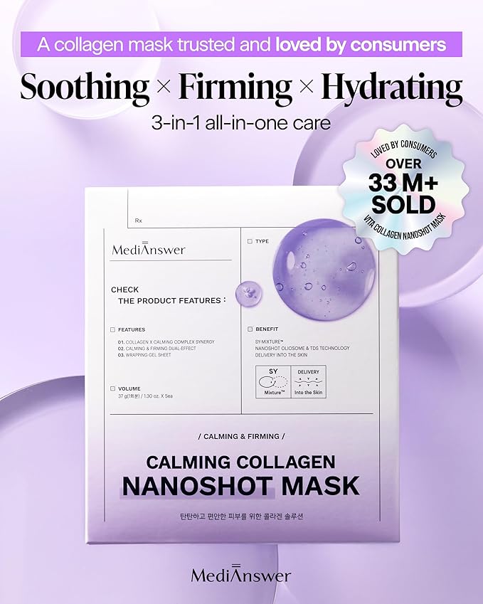 Calming Collagen Nanoshot Mask - Korean Hydrogel Face Sheet Masks with Calming Cica & Azulene, 100Da Nano Collagen + 5 Ceramides, Cooling Soothing Barrier Care for Sensitive Skin, 5 Sheets