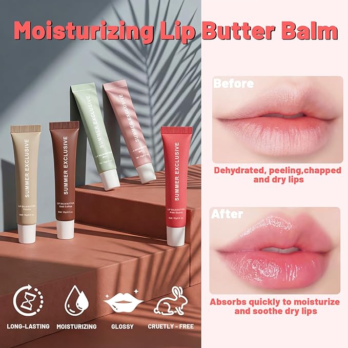 Summer Butter Lip Balm, Hydrating Plumping Clear Serum, Natural Glow Non-Sticky Transfer-Proof, Nourishing for Dry Lips, Women-Focused Lip Care with Shea Butter (3Pcs)